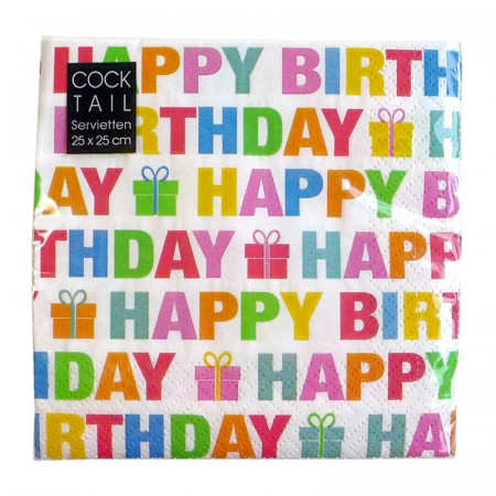 Lot de 20 Serviettes en papier Happy Birthday, 33 x 33 cm, Ecriture majuscule coloré