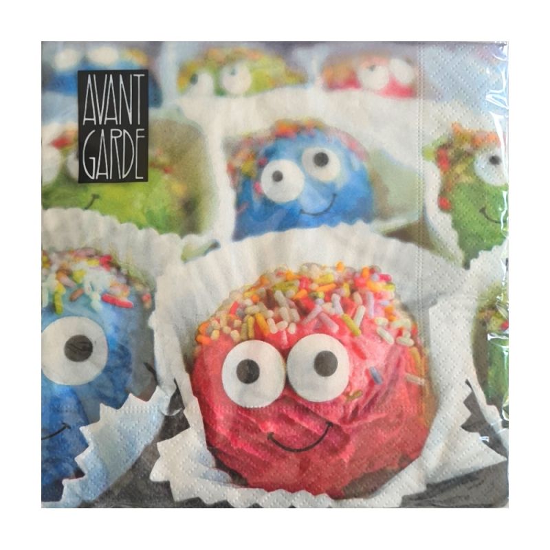 80 Papierservietten Süßigkeiten Happy Cake, Lustige Cupcakes, 33 x 33 cm