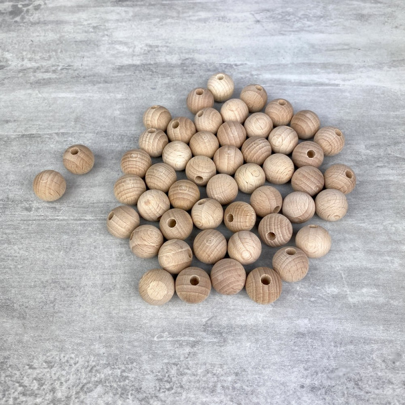 Gros Lot 50 Boules demi-percées 15 mm en bois de hêtre, perçage 4 mm