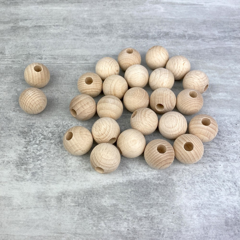 Lot 25 petites boules 20 mm demi-percées en bois de hêtre, perçage 6mm