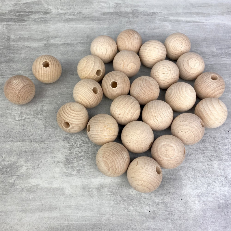 Lot 25 Boules demi-percées 30 mm en bois de hêtre, perçage 7 mm