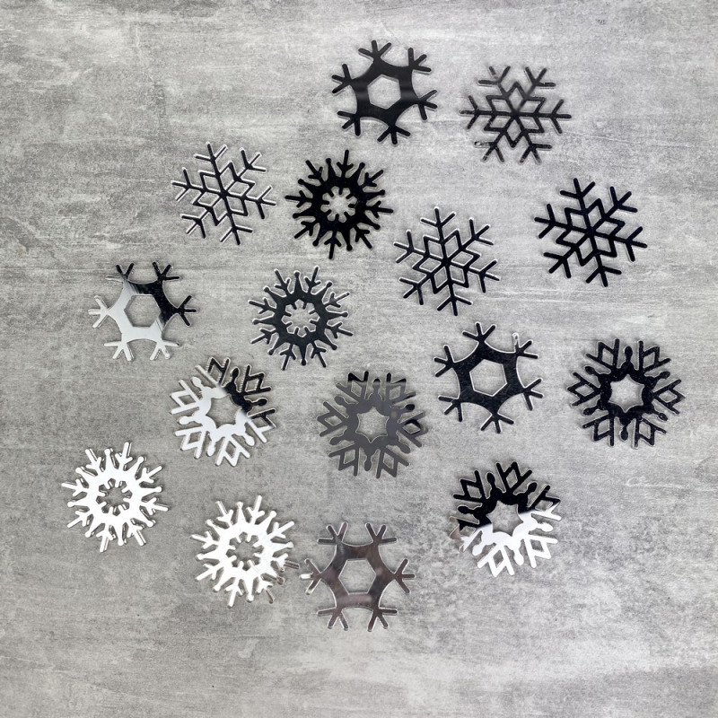 Lot de 16 Flocons de neige, diamètre 3,5 cm, en Miroir plastique, à éparpiller ou à coller, noël hiver