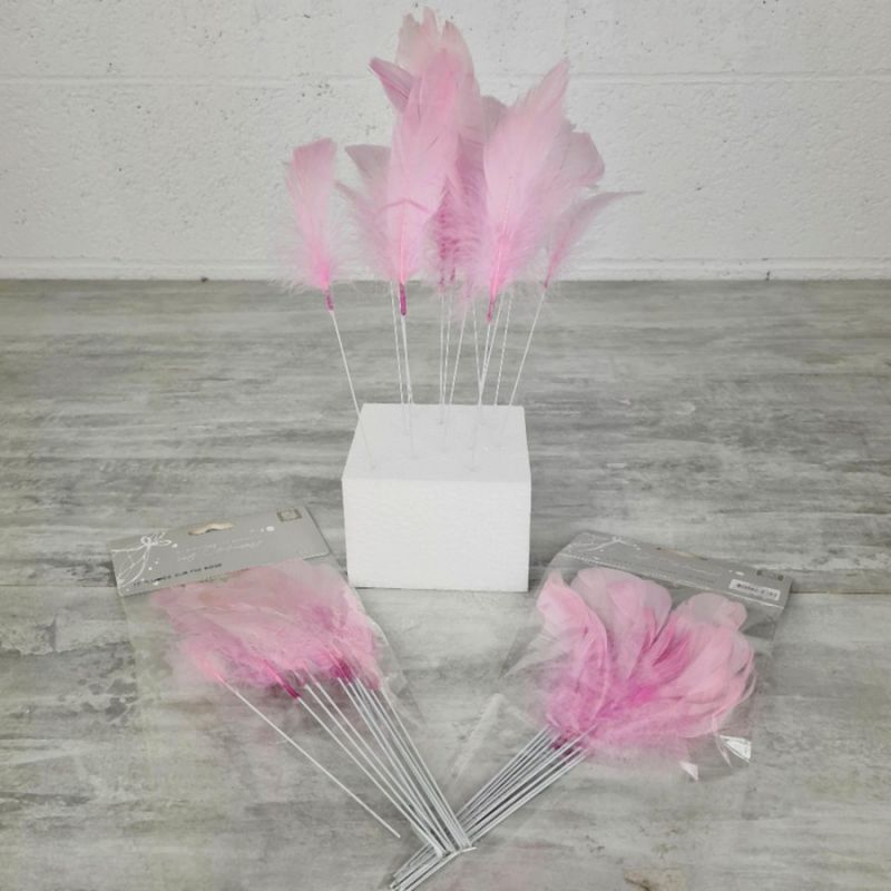 36 echte Rosa Federn auf einem Spieß, Gesamthöhe 22 cm, zur Tischdekoration