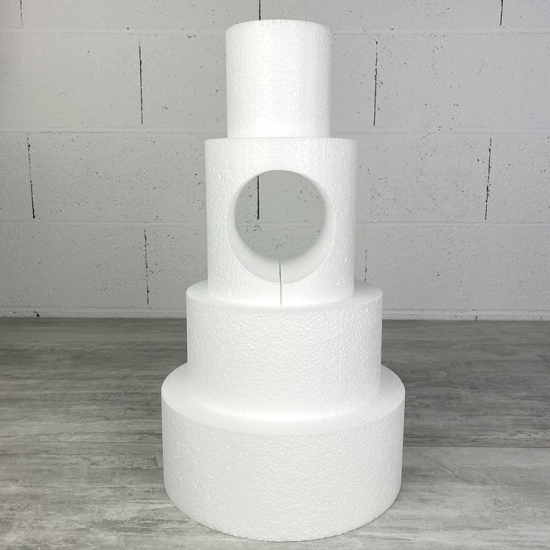 Pièce montée en Polystyrène ouverture ronde, 45 cm de haut, Base Ø 25cm à 10cm, 4 étages wedding cake cutout