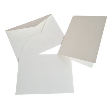 Lot 25 Cartes double rectangulaires blanc nacré, feuilles intercalaires et enveloppes, Format A6, 10,5 cm x 15 cm