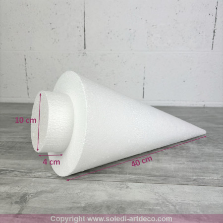 Cône en polystyrène à pied, hauteur 44 cm, avec support, base diam. 10 cm, sapin à décorer