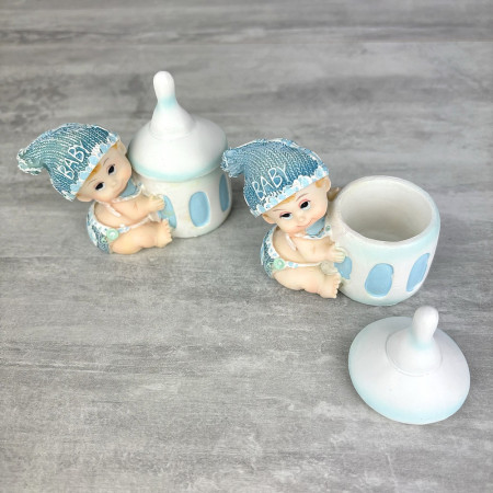 Set of 2 Candy container, bluebaby boy figurine, resin box height 7.5 cm, baby shower baptism