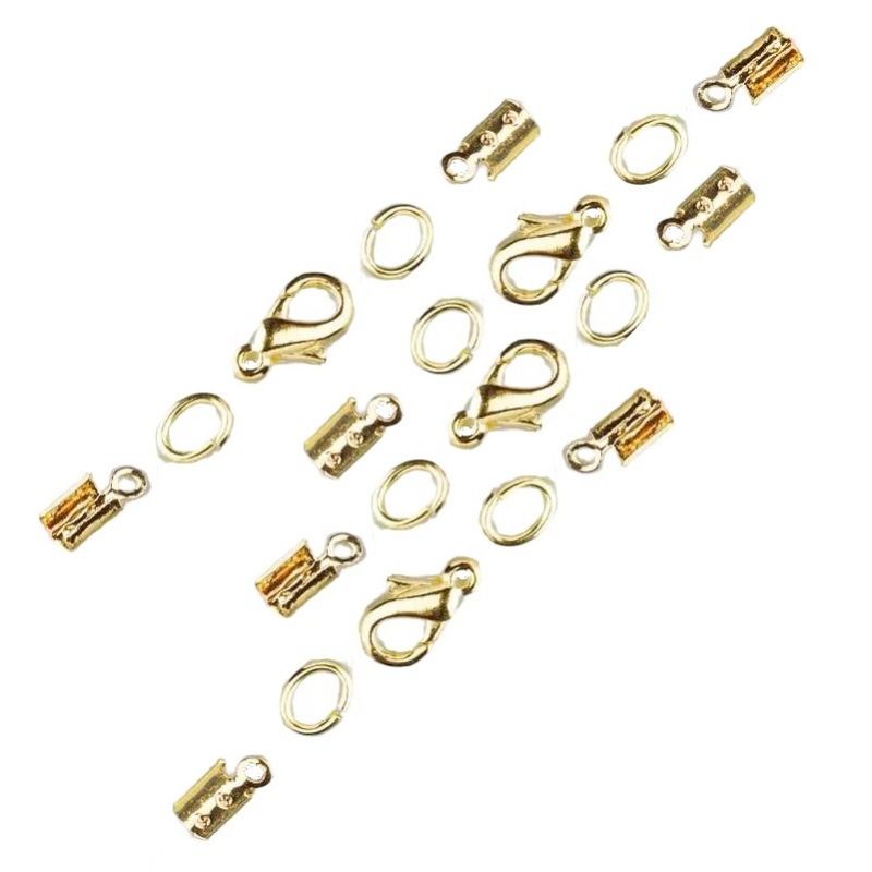 2 pairs Crimps for Leather thongings with eyes and carabiners gold colored, nickel-free