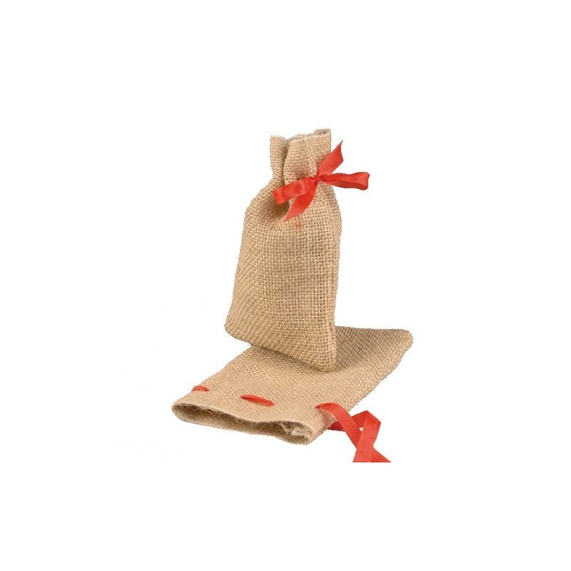 5 petits sacs en toile de jute avec ruban rouge, Pochon haut. 14 cm x larg. 10 cm, Déco Cadeau Nöel