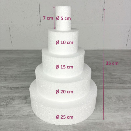 Pièce montée Haut. 35 cm en polystyrène, Base Ø 25cm à 5cm, 5 disques de 7cm de Haut, dummy pour gâteau Styropor