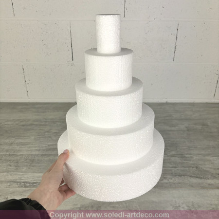 Pièce montée Haut. 35 cm en polystyrène, Base Ø 25cm à 5cm, 5 disques de 7cm de Haut, dummy pour gâteau Styropor