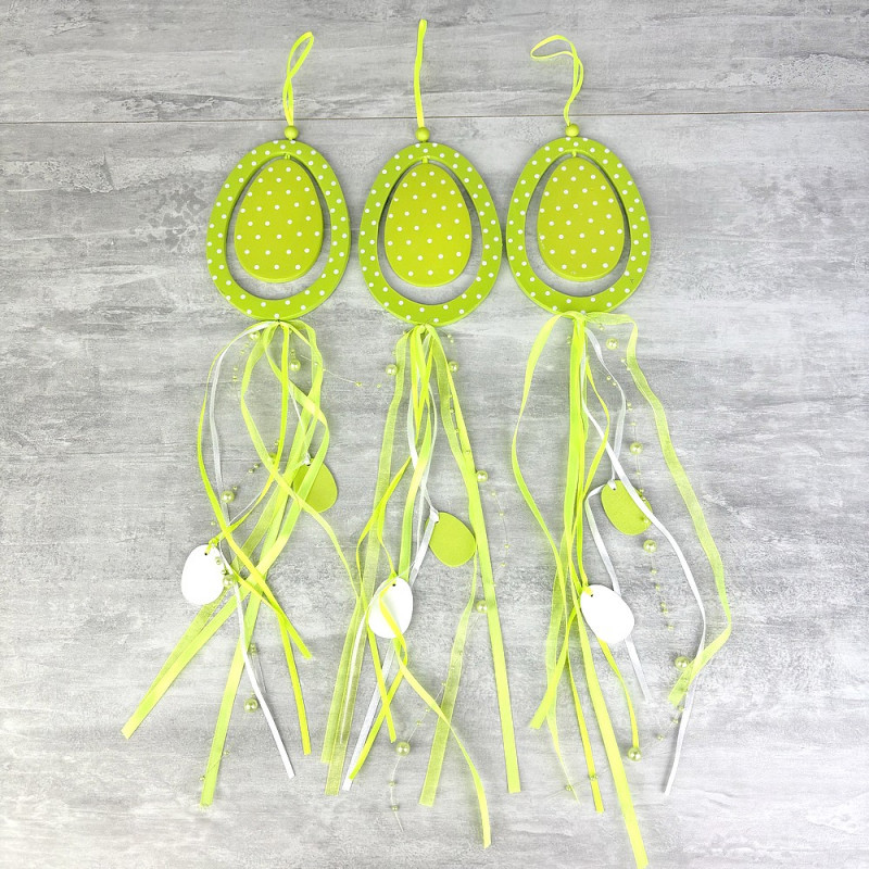 Lot de 3 Oeufs en bois vert, longueur 40 cm, avec rubans et perles, déco porte pâques à suspendre