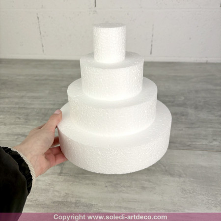 Petite pièce montée Haut. 20 cm en polystyrène, Base Ø 20cm à 5cm, 4 disques de 5cm de Haut, dummy pour gâteau Styropor
