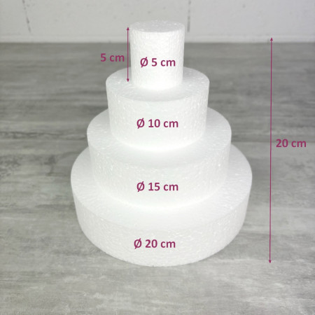 Petite pièce montée Haut. 20 cm en polystyrène, Base Ø 20cm à 5cm, 4 disques de 5cm de Haut, pour gâteau Styropor