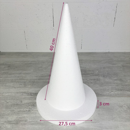 Cône en polystyrène h. 40 cm avec support, disque diam. 27,5 cm, h. totale 43 cm, à décorer