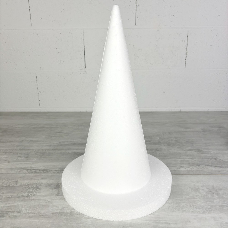 Cône en polystyrène h. 40 cm avec support, disque diam. 27,5 cm, h. totale 43 cm, à décorer
