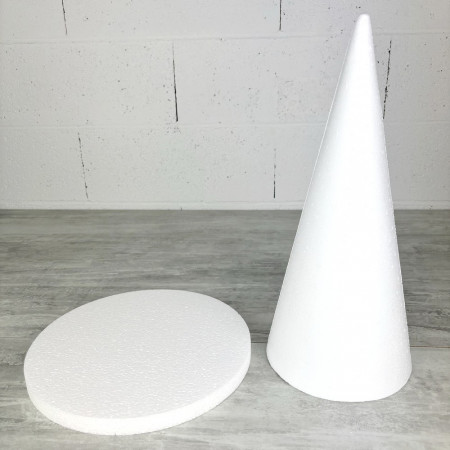 Cône en polystyrène h. 40 cm avec support, disque diam. 27,5 cm, h. totale 42 cm, à décorer
