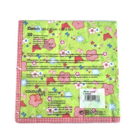 40 hellgrüne Servietten mit Blumen und Schmetterlingen, Zellulosepapier, 33 x 33 cm, 3-lagig, Sommerparty und Geburtstag