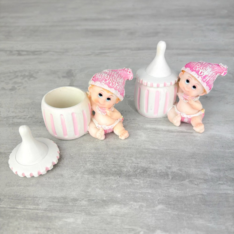 Lot de 2 Contenants à dragées, figurine Bébé fille rose avec son biberon, Boite en résine hauteur 7,5 cm, baptême baby shower