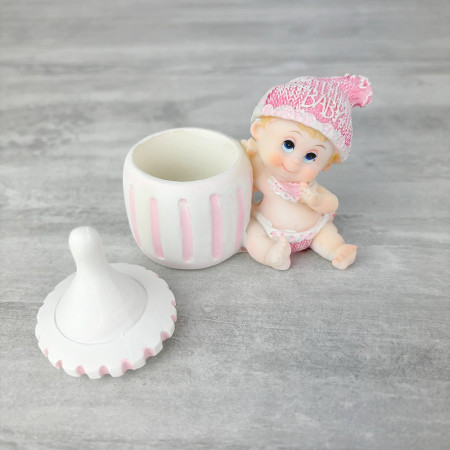 Lot de 2 Contenants à dragées, figurine Bébé fille rose avec son biberon, Boite en résine hauteur 7,5 cm, baptême baby shower