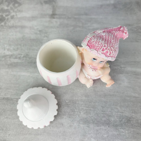 Lot de 2 Contenants à dragées, figurine Bébé fille rose avec son biberon, Boite en résine hauteur 7,5 cm, baptême baby shower