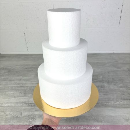 Kleine Styropor Torten-Dummy, 30 cm Gesamthöhe, Basis 20 cm, 3 Scheiben à 10 cm Dicke, mit Wende-Goldtablett