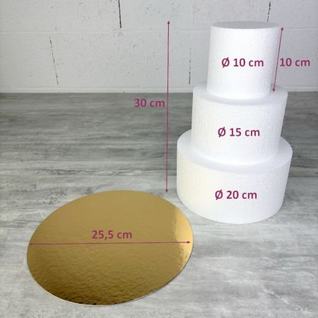 Petite pièce montée Haut. 30 cm en polystyrène, Base Ø 20cm à 10cm, 3 disques de 10cm de Haut, pour gâteau Styropor, avec platea
