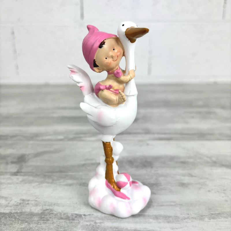 Figurine bébé fille rose sur cigogne en Résine, hauteur 14,5 cm, sujet gâteau et baby shower, baptême