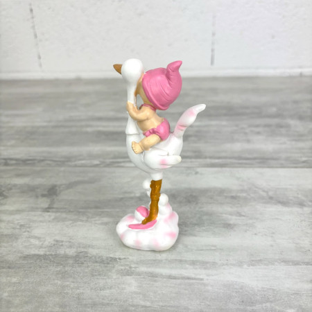 Figurine bébé fille rose sur cigogne en Résine, hauteur 14,5 cm, sujet gâteau et baby shower, baptême