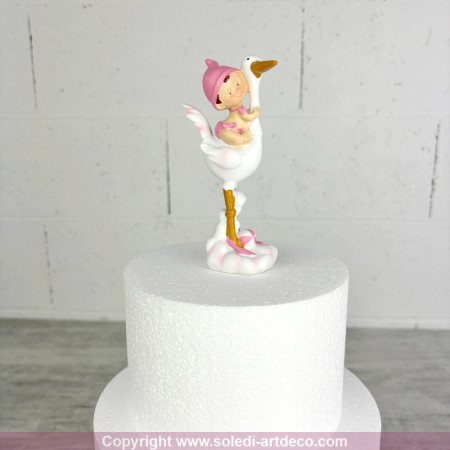 Figurine bébé fille rose sur cigogne en Résine, hauteur 14,5 cm, sujet gâteau et baby shower, baptême