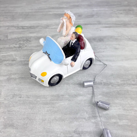 Hochzeitspaar aus Kunstharz, weißes Cabriolet, Länge 14 cm, Cabrio-Autofigur, komische Hochzeit