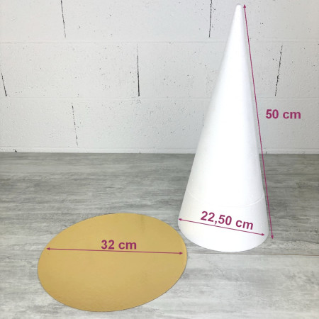 Cone en polystyrène Plein, Hauteur 50 cm, Diamètre de base 22,50 cm, Présentoir à macarons, choux, plateau doré réversible