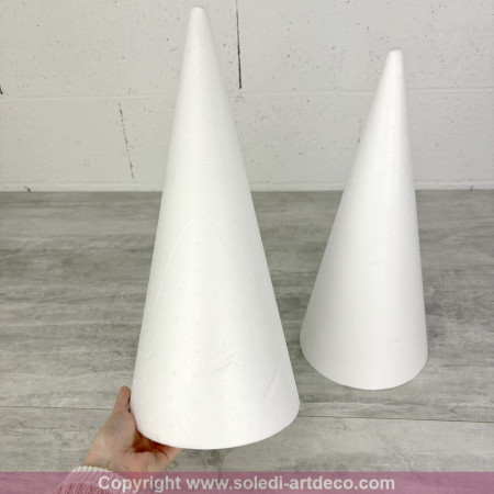 Lot de 2 cônes en polystyrène plein, 40 cm de haut, AVEC IMPACTS, base 18 cm, Styro blanc