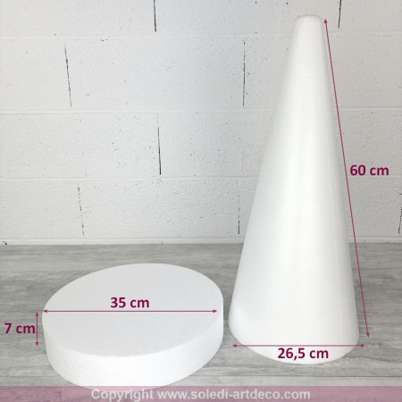 Cône en polystyrène h. 60 cm avec support, disque diam. 35 cm, h. totale 67 cm, à décorer