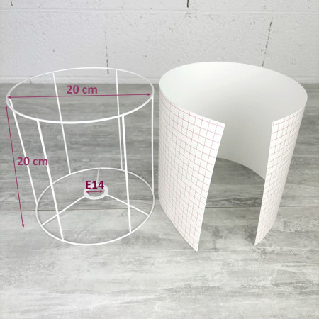 Kit feuille polyphane et Armature Ronde blanche pour Abat-jour, Cylindre Hauteur et Diam. 20 cm, Diam. Douille E14, 28 mm