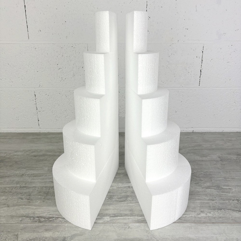Pièce montée en polystyrène coupée en 2 parties, Base Ø 30cm à 10cm, hauteur totale 50 cm, dummy pour gâteau Styropor