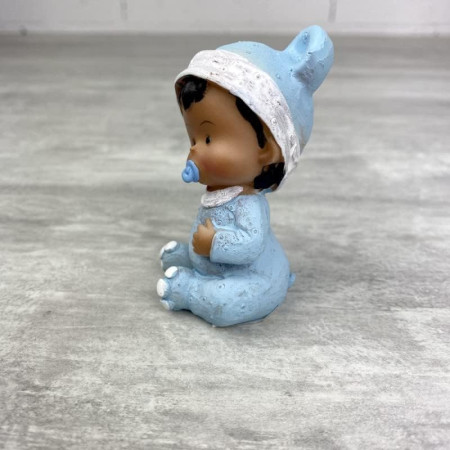 Black baby boy in blue pajamas, 8 x 4 cm, small black resin figurine baptism or babyshower
