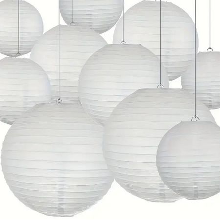 Lot 5 Grandes Lanternes Japonaises rondes diam. 50 cm, Lampion boule Papier blanc, à suspendre