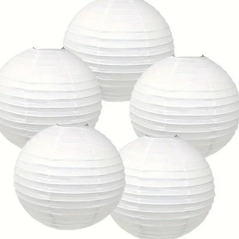 Lot 5 Grandes Lanternes Japonaises rondes diam. 50 cm, Lampion boule Papier blanc, à suspendre