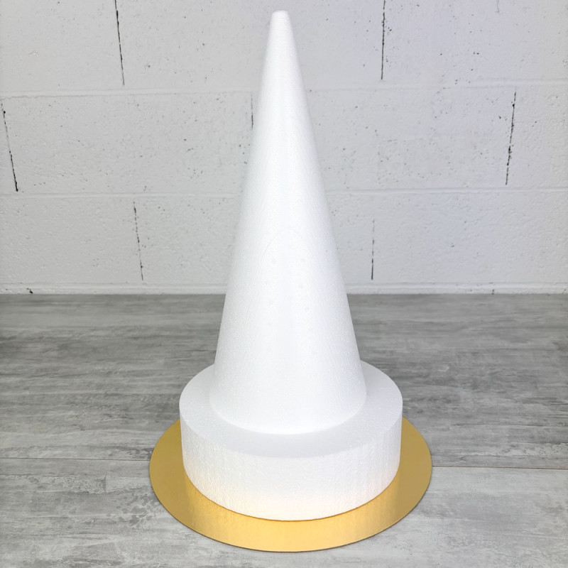 Cone en polystyrène Plein de 40 cm et son disque de 25 cm Ep 7 cm, Présentoir 47 cm à macarons, choux, plateau doré réversible