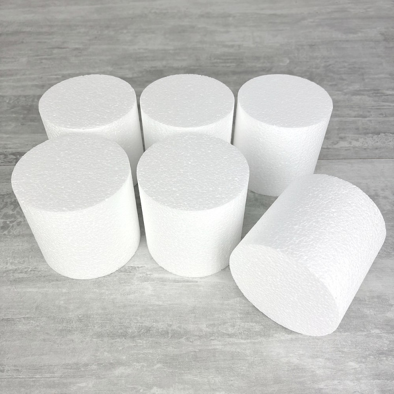 Lot 6 petits cylindres en polystyrène diam. 10 cm, haut. 10 cm, Dummies en Styropor blanc pour présentoir