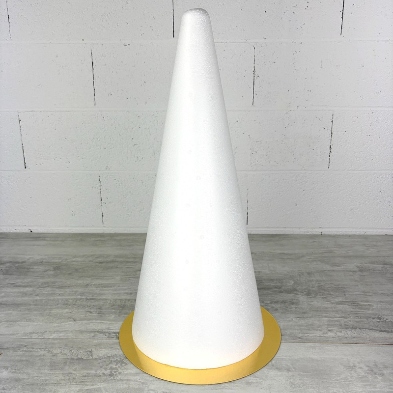 Cone en polystyrène Plein, Hauteur 60 cm, Diamètre de base 26,50 cm, Présentoir à macarons, choux, plateau doré réversible