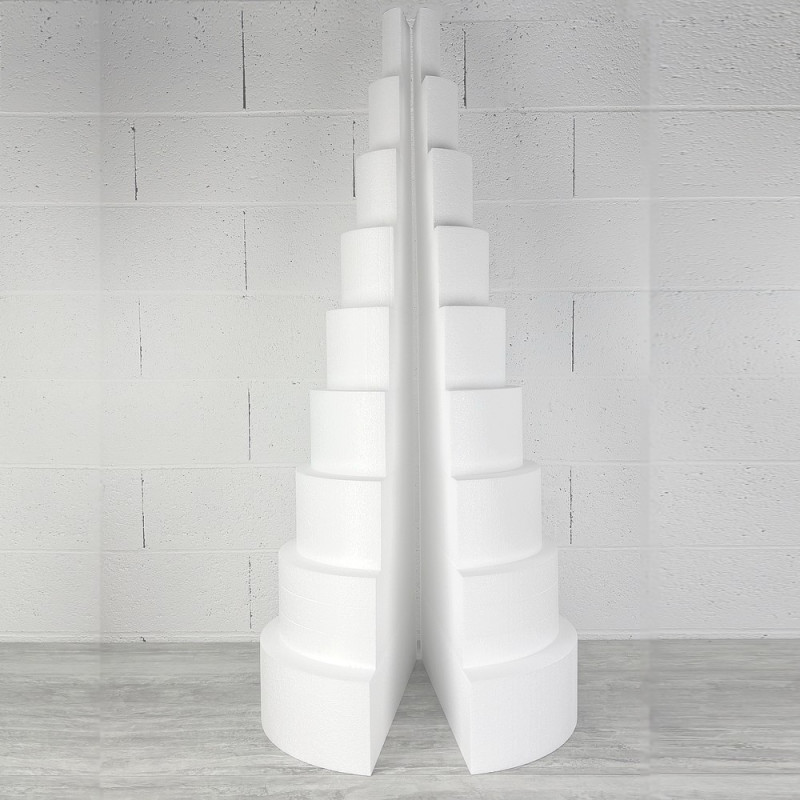 Grande Pièce montée en polystyrène coupée en 2 parties, Base Ø 50cm à 10cm, hauteur totale 134 cm, dummy pour gâteau Styropor