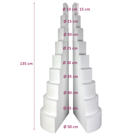Grande Pièce montée en polystyrène coupée en 2 parties, Base Ø 50cm à 10cm, hauteur totale 134 cm, dummy pour gâteau Styropor