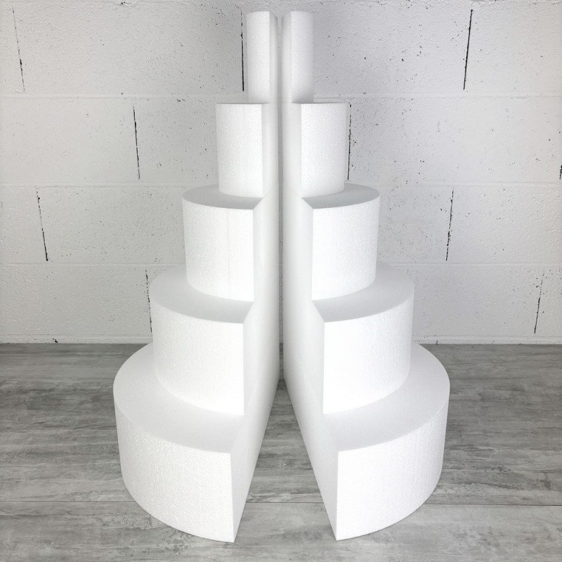 Pièce montée en polystyrène coupée en 2 parties, Base Ø 50cm à 10cm, hauteur totale 75 cm, dummy pour gâteau Styropor