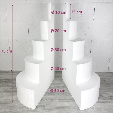 Pièce montée en polystyrène coupée en 2 parties, Base Ø 50cm à 10cm, hauteur totale 75 cm, dummy pour gâteau Styropor