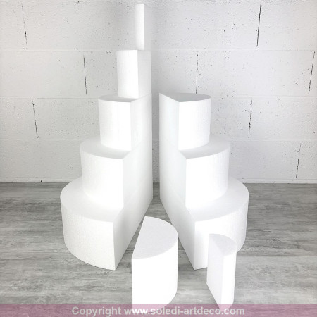 Pièce montée en polystyrène coupée en 2 parties, Base Ø 50cm à 10cm, hauteur totale 75 cm, dummy pour gâteau Styropor