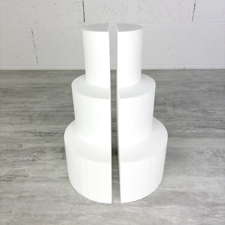 Petite Pièce montée en polystyrène coupée en 2 parties, Base Ø 20cm à 10cm, hauteur totale 30 cm, dummy pour gâteau Styropor