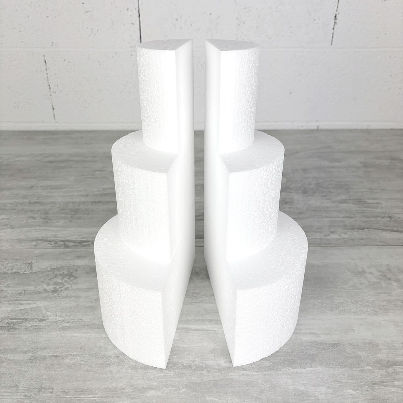 Petite Pièce montée en polystyrène coupée en 2 parties, Base Ø 20cm à 10cm, hauteur totale 30 cm, dummy pour gâteau Styropor