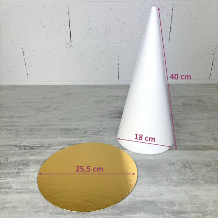 Cone en polystyrène Plein, Hauteur 40 cm, Diamètre de base 18 cm, Présentoir à macarons choux, plateau doré réversible